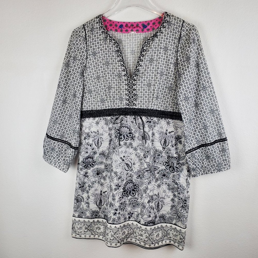 Robert Graham dress black white embroidered floral lavish S boho